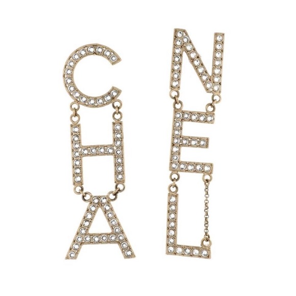 Crystal Cha-Nel Logo Drop Earrings Gold - Picture 2 of 7